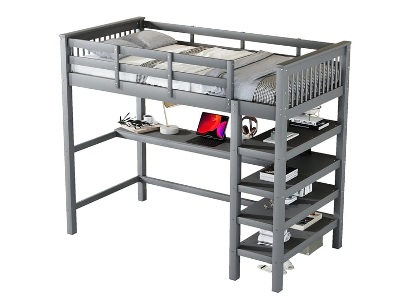 Lit mezzanine enfant 90x200 cm gris avec bureau et étagères - Conforama A