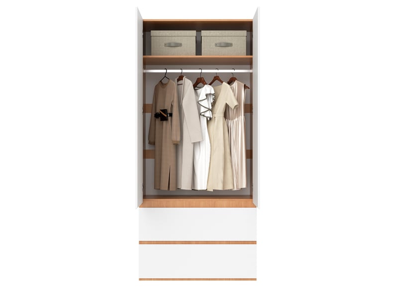  Porte armoire 90x50x200 cm avec 1 barre de penderie, 2 tiroirs et 2 portes, mdf et panneau de particules, blanc  - Conforama A