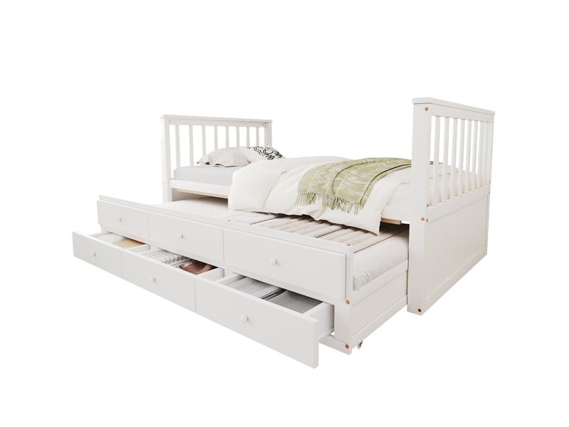  Modenvie lit gigogne enfant 90x200 cm - avec lit tiroir et 3 tiroirs de rangement - pour chambre d'enfant - blanc  - Conforama A
