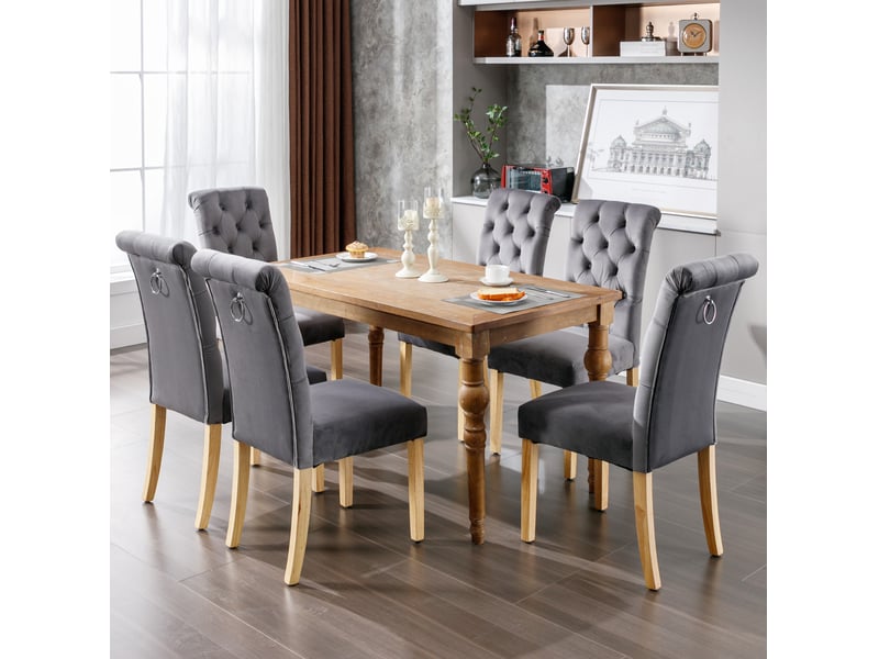 Lot de 4 chaises de salle à manger en tissu velours gris avec pieds en chêne, boutons et loquet chromé - Conforama B