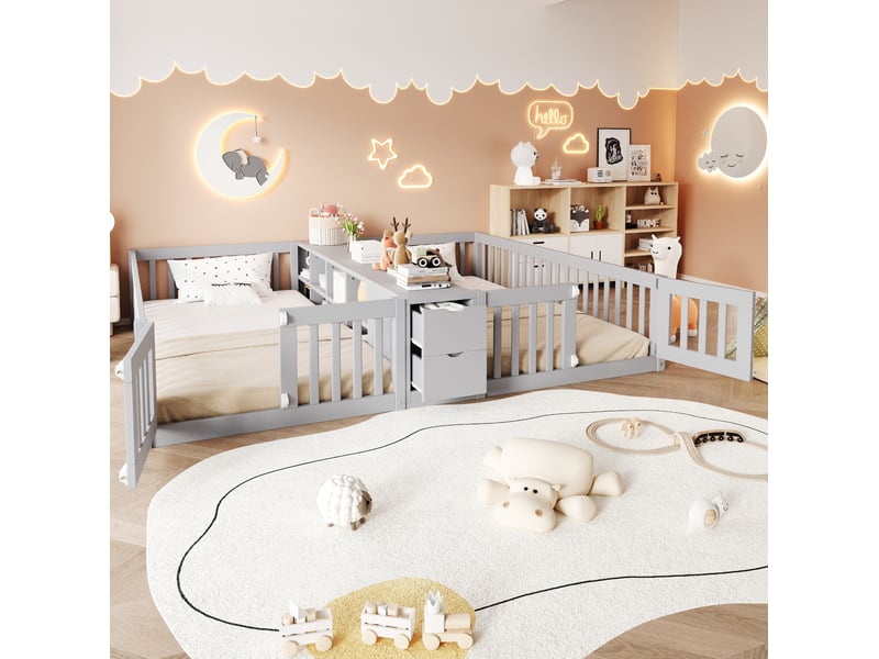  Lit enfant double 90x200 cm avec rangement, garde-corps hauts, bois, gris sans matelas  - Conforama B
