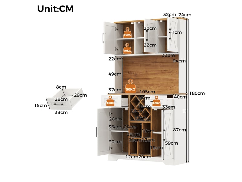  Buffet de cuisine haut 105 x 40 x 180 cm – naturel et blanc – led rgb, prises usb et casier à vin amovible  - Conforama C