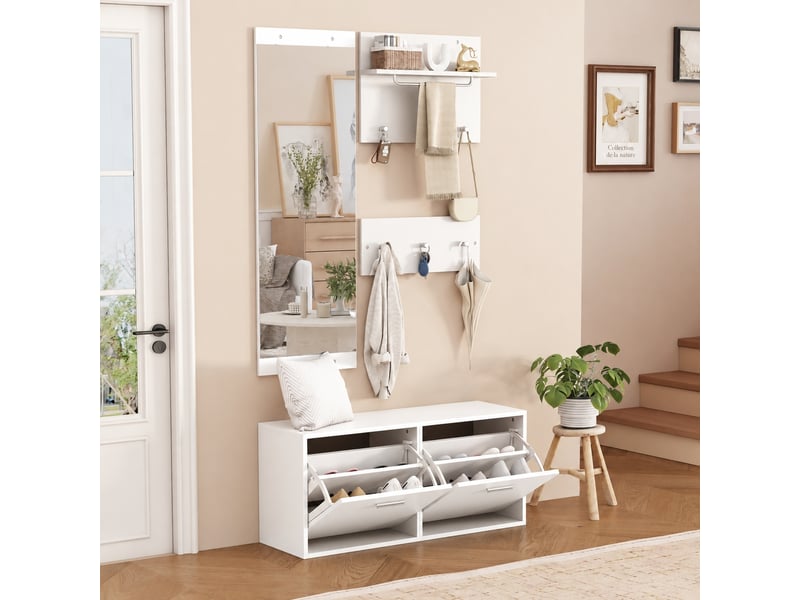  Ensemble meuble d’entrée blanc 4 pièces avec miroir, meuble à chaussures et 6 crochets  - Conforama C
