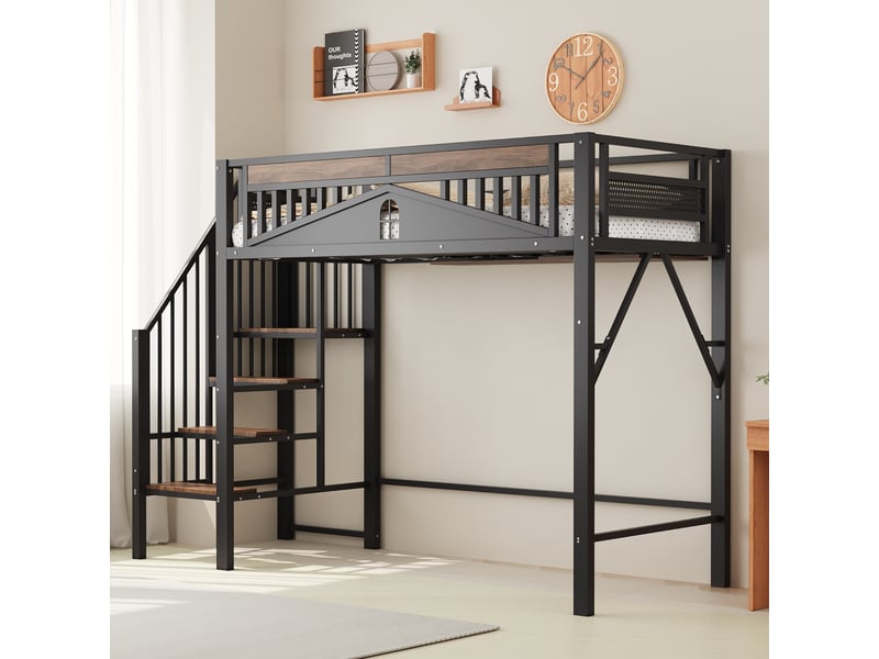  Lit mezzanine 90 x 200 cm, échelle latérale, panneaux avec fenêtres, espace libre sous le lit, sommier à lattes, pour la chambre, métal et bois, noir ABC - Conforama E