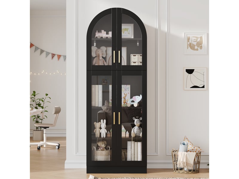  Vitrine noire avec portes en acrylique, 5 niveaux, 60 x 30 x 165 cm, mdf et décor cannage  - Conforama B