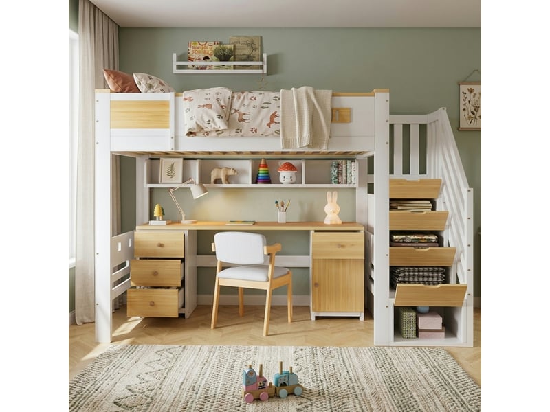  Lit mezzanine 90 × 200 cm blanc et naturel, avec bureau, étagères et escalier de rangement IKSETERA TRADING LTD - Conforama D