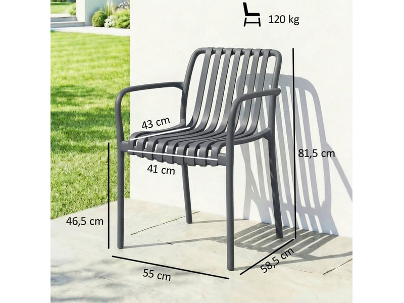 Lot de 4 chaises de jardin empilables en plastique gris foncé avec accoudoirs et dossier ergonomique - Conforama C
