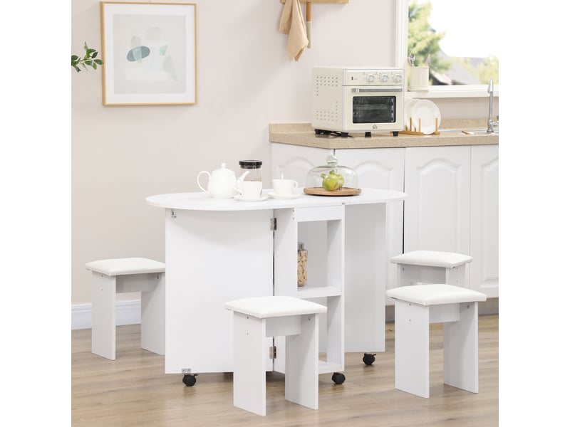  Ensemble de cuisine 5 pièces, table pliante avec 2 étagères et 4 tabourets en aggloméré, blanc  - Conforama D