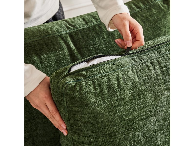 Canapé d'angle modulaire 278x161 cm avec 2 poufs et 6 coussins, canapé 4 places en tissu chenille vert  - Conforama R