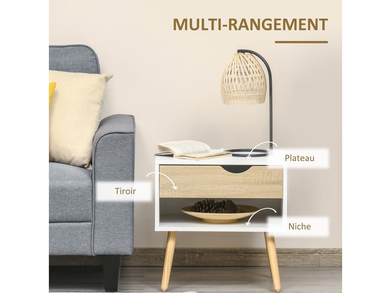  Table de chevet, table de nuit, avec tiroir, design moderne, pieds en bois massif, 50 x 39 x 51 cm, blanc et bois naturel  - Conforama R