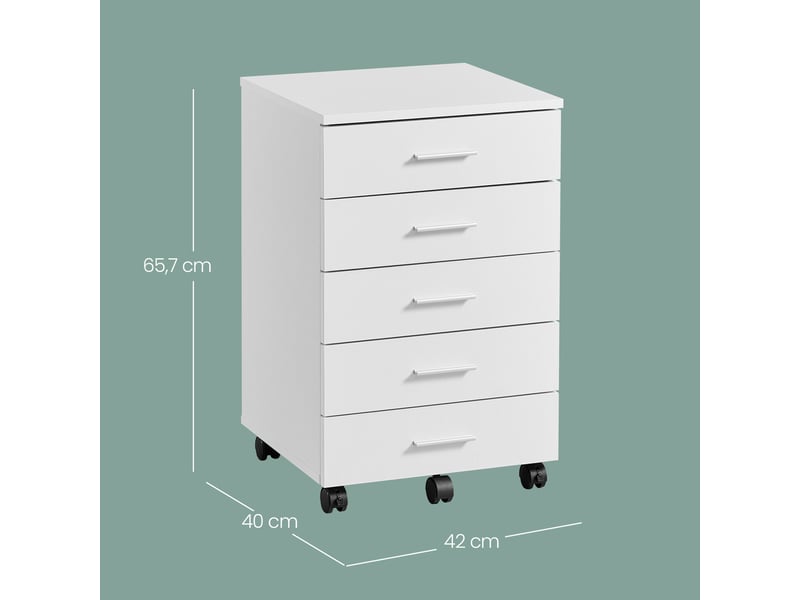  Caisson de bureau à roulettes, support pour imprimante, avec 5 tiroirs, rails coulissants, blanc  - Conforama D