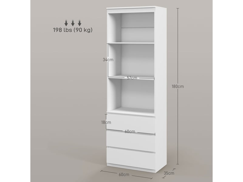  Bibliothèque haute de 180 cm avec 3 étagères et 3 tiroirs 60 x 35 x 180 cm en bois blanc  - Conforama E