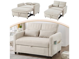 Canapé‑lit 2 places pliable et extensible, dossier réglable sur 3 positions, revêtement en tissu coton‑lin respirant