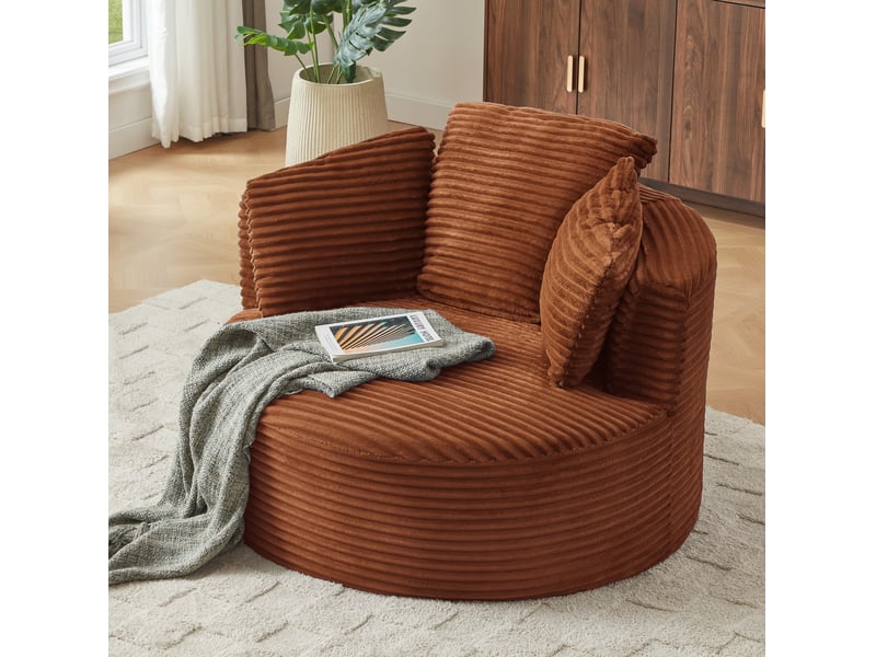  Fauteuil rond 1 place en velours côtelé orange, assise profonde et confort nuage pour salon ou chambre  - Conforama E