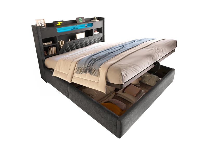  Lit coffre hydraulique 180x200 cm avec led, usb et usb-c, tête de lit avec rangements,gris  - Conforama A