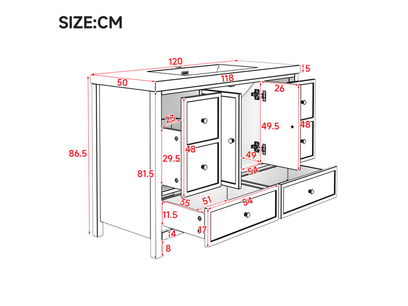  Meuble vasque sur pied 120x50x86,5 cm à 4 tiroirs, noir  - Conforama C