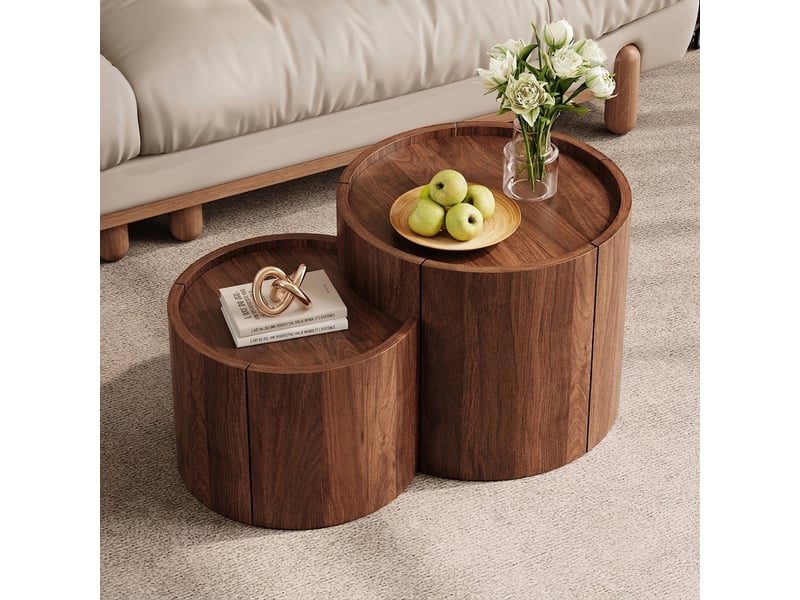  Table basse ronde avec rangement et tiroirs, finition noyer, 77.5x47.5x40 cm  - Conforama C