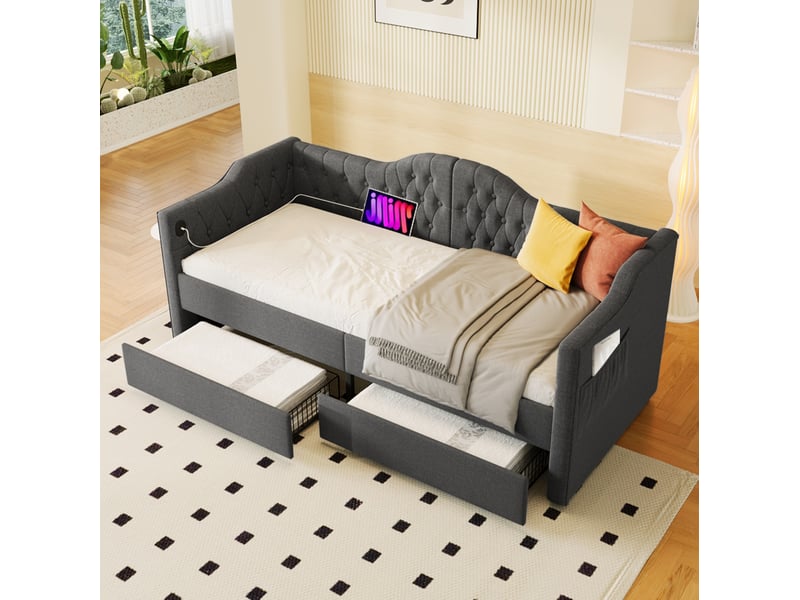  Modenvie lit de jour 90x200 cm - avec 2 tiroirs, ports usb et usb-c, sans matelas - gris  - Conforama B