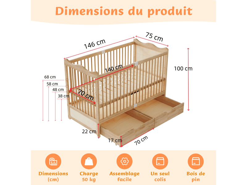  Lit bébé en pin massif 70x140 cm, 4 hauteurs réglables - 2 tiroirs à roulettes sous lit - tête de lit ondulée - certifié en716 - charge maximale 50 kg, lit cododo, lit enfant  - Conforama C