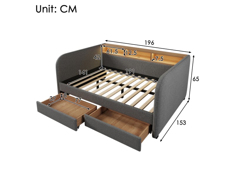  Lit de jour 140 x 190 cm gris en lin avec led, usb-c, rangement et 2 tiroirs  - Conforama E