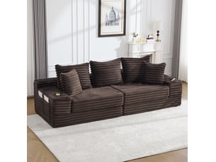 Canapé convertible modulable 273x98x87 cm marron en velours côtelé, 4 places avec poches et porte-gobelets