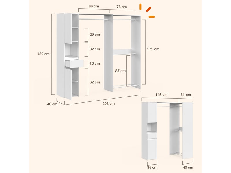  Dressing d'angle modulable l. 145 - 203 cm melman triple penderie + portes + tiroir + étagères blanc  - Conforama E