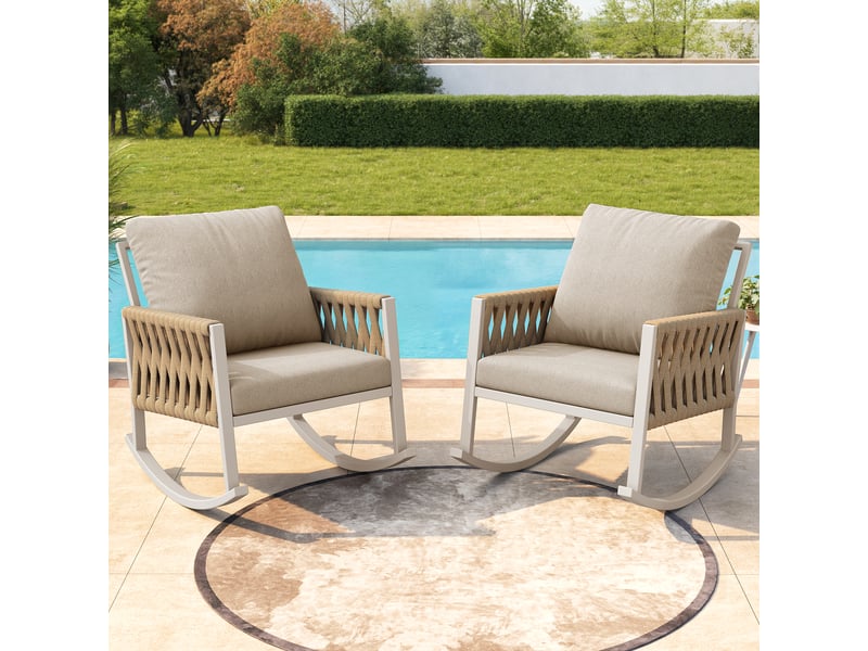 Fauteuil à bascule de jardin 65x79x78 cm avec tressage corde croisée, coussins confortables, structure métal, beige - Conforama B