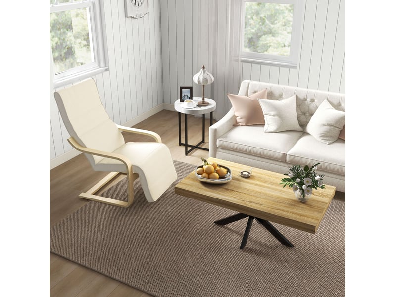  Fauteuil relax 66,5 x 94 x 100 cm blanc crème en bois de bouleau et tissu, repose-pieds réglable 5 positions  - Conforama D