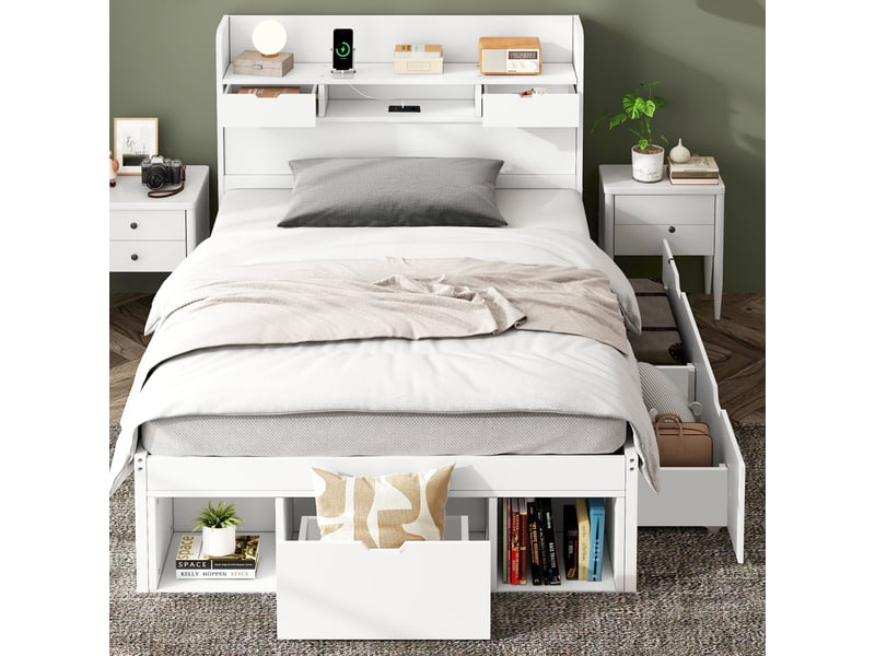  Lit simple multifonction 90x190 cm blanc avec armoire de rangement, tiroirs, port usb et type-c, sommier à lattes  - Conforama B