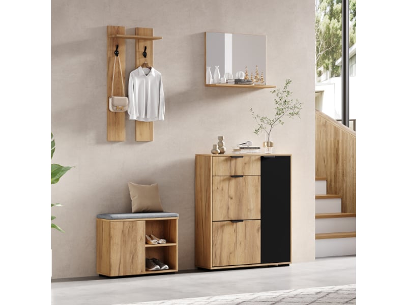 Entrée murale porte-manteaux avec banc et rangement chaussures - miroir, 4 portes, bois naturel et noir, 140×35×139 cm - Conforama E