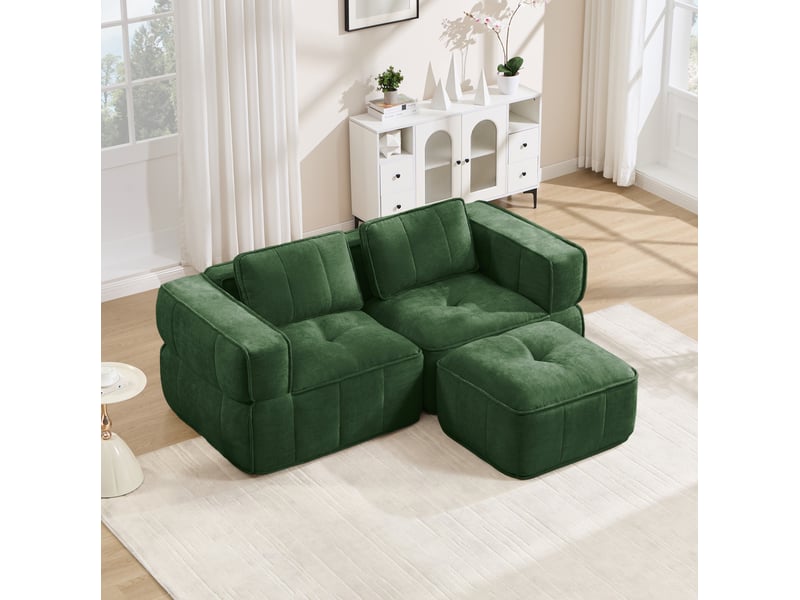  Canapé modulable 2 places modenvie en l sans cadre avec pouf, 198 x 162 x 67 cm, mousse haute densité 32d, tissu polyester vert  - Conforama B