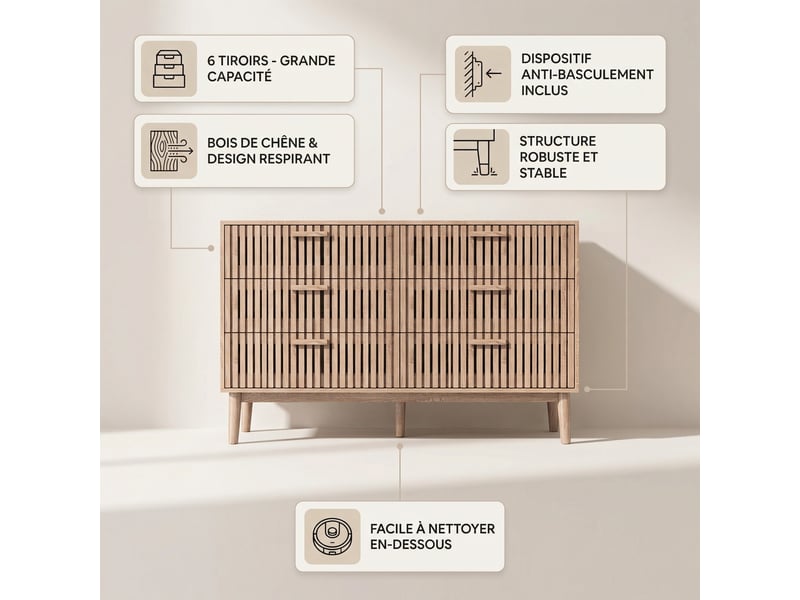  Commode 100, 6 tiroirs, buffet 100, commode chambre, design à lattes verticales, meuble de rangement, chêne clair  - Conforama C