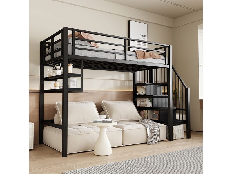 Lit mezzanine enfant 90x200, lit mezzanine noir en métal avec étagères, échelle de rangement et barrière, sans matelas. - Conforama R