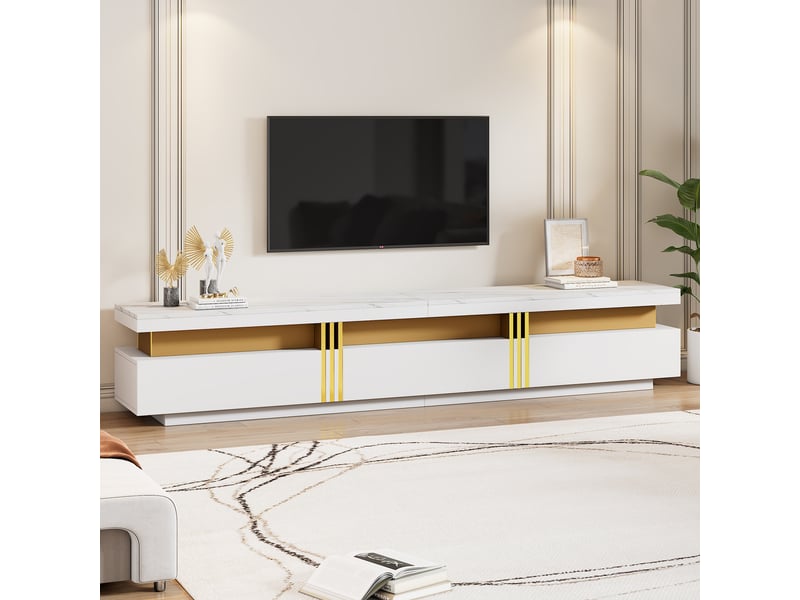 Ensemble meuble tv blanc et table basse, effet marbre brillant et détails dorés, rangement moderne avec 5 tiroirs pour salon - Conforama W