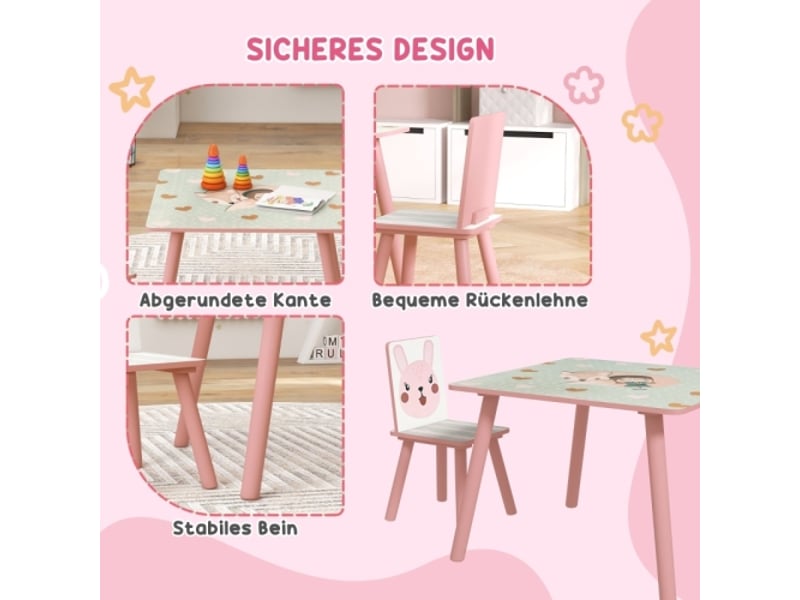 Ensemble table et 2 chaises enfant en pin, motif animal, 3-8 ans, rose, chambre enfant - Conforama E
