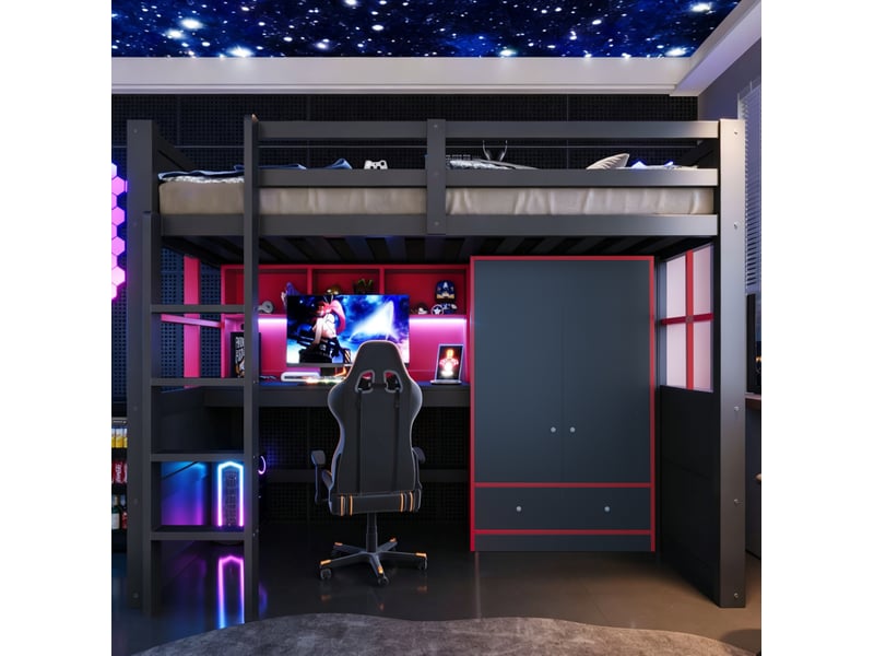  Lit mezzanine enfant 90x200 cm – noir et rouge – bureau, armoire, rangement, led et prises - sans matelas  - Conforama B