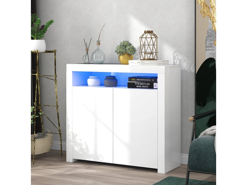  Buffet moderne led - dimensions 108x40x92 cm - blanc brillant - éclairage led intégré - panneaux de particules 108x40x92cm - Conforama A
