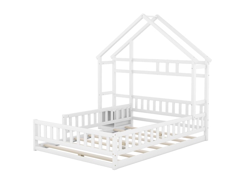  Lit cabane enfant 140x200 en bois massif, lit au sol avec barrière, lit enfant avec table de chevet, design blanc élégant.  - Conforama W