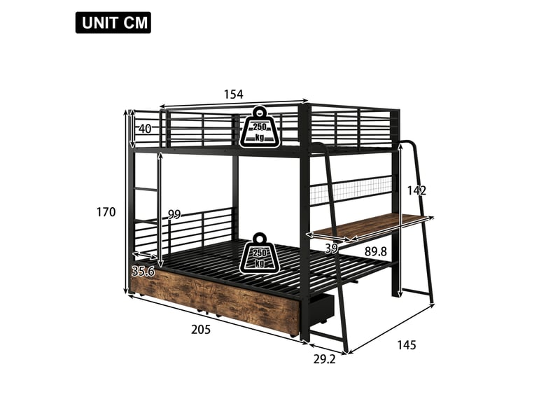  Lit mezzanine 140 × 200 cm 2 places avec bureau, 2 tiroirs, led réglable, prises usb et type-c, sans matelas, noir  - Conforama D