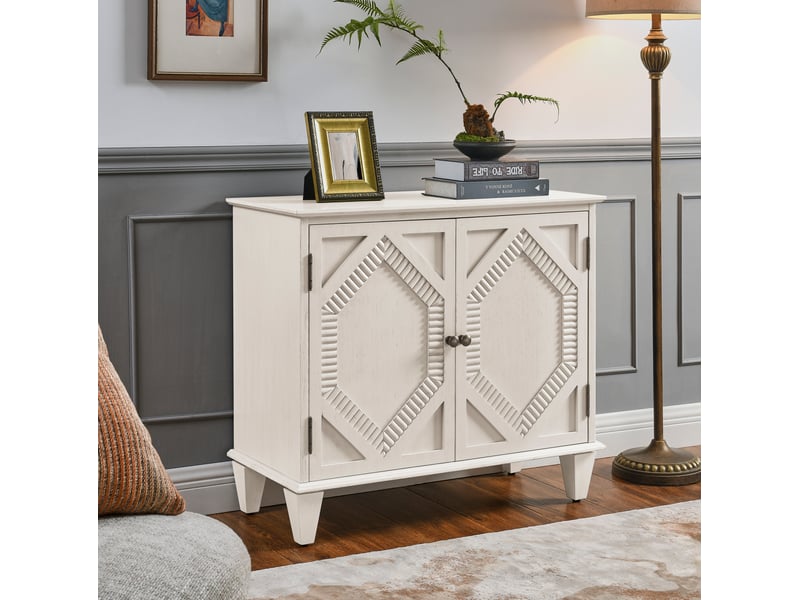  Buffet 96.52x47.96x21.29 cm avec étagère réglable en bois et mdf blanc antique  - Conforama D