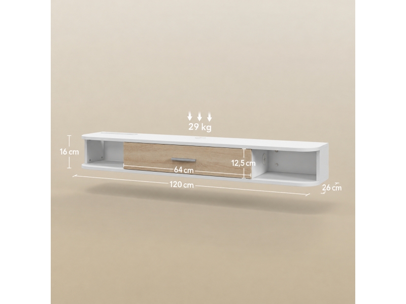  Meuble tv suspendu mural pour écran jusqu'à 50 pouces, blanc et effet chêne, 120 x 26 x 16 cm  - Conforama C