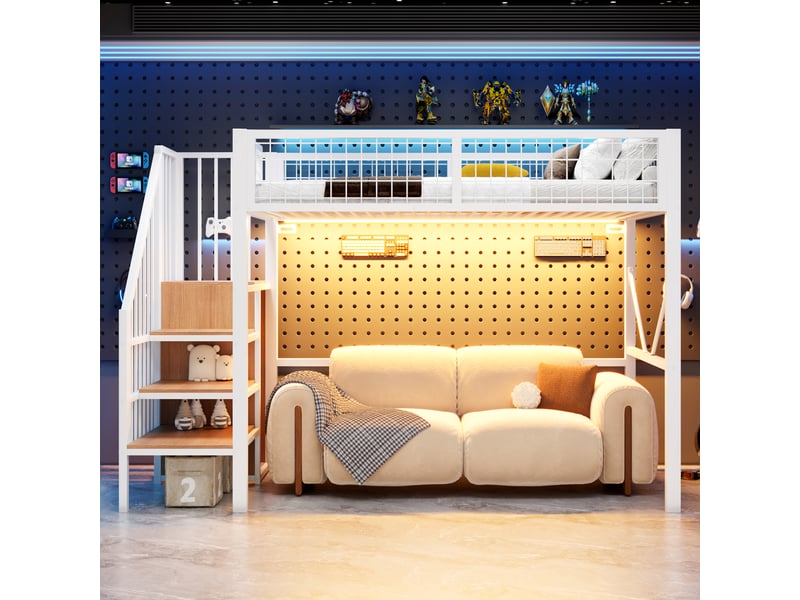  Lit mezzanine enfant 90x200cm en métal avec échelle de rangement et led,lit superposé simple avec barrières grillagées,sans matelas,blanc  - Conforama R