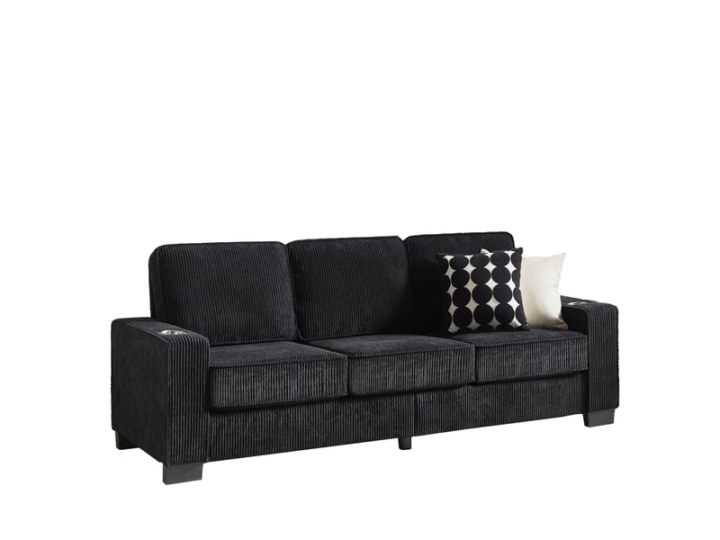  Canapé droit 3 places avec porte-gobelets intégrés et accoudoirs larges en velours côtelé noir, 206 × 72 × 86 cm  - Conforama A