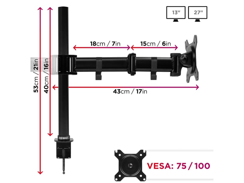 Duronic dm252 bk support de 2 moniteurs à pince pour bureau - hauteur ajustable -rotatif/pivotable/inclinable-compatible avec moniteur dordinateur lcd/led vesa 75/100-potence et bras en acier  - Conforama C