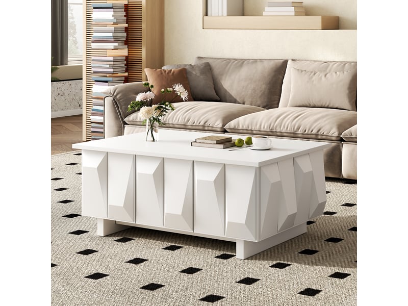  Table basse blanche avec rangement, façades géométriques en relief, 95 x 67 x 39,5 cm  - Conforama E