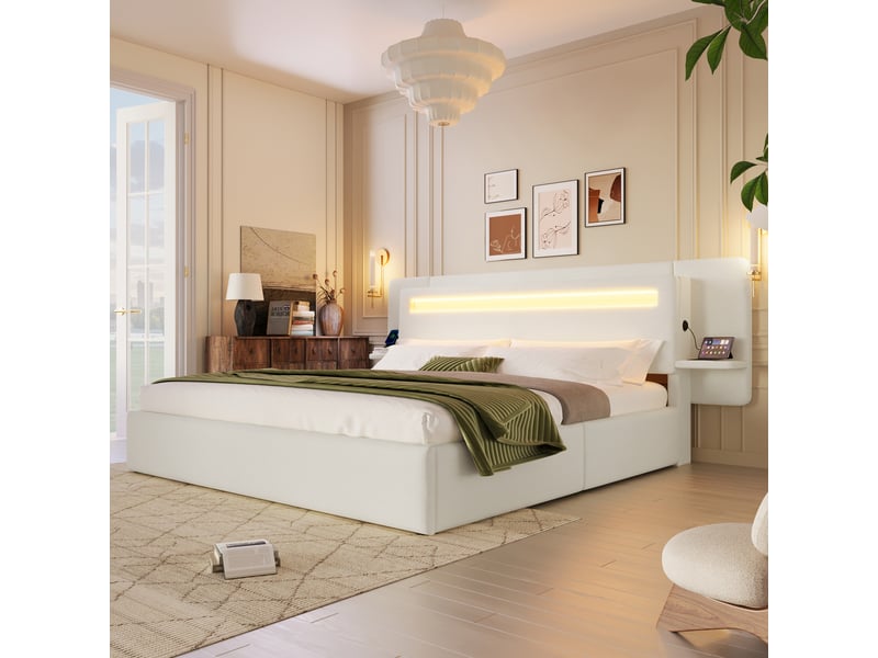  Lit coffre 180x200 cm, lit double rembourré avec led, usb et tablettes de chevet, beige, aspect lin IKSETERA TRADING LTD - Conforama B