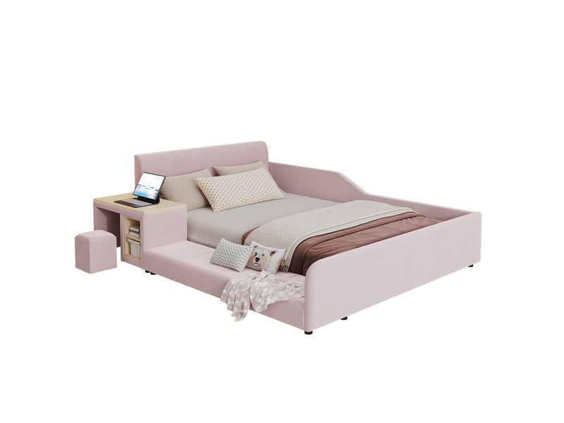  Lit enfant 140x200 cm avec bureau, tabouret et rangement en velours rose  - Conforama A