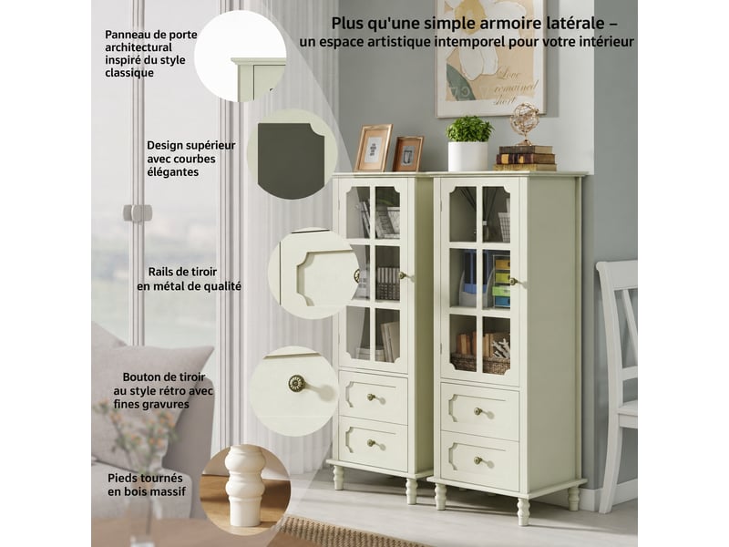  Buffet blanc crème avec porte vitrée et 2 tiroirs, format haut et étroit, 50 x 40 x 130 cm  - Conforama D
