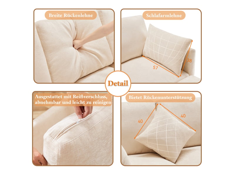 Canapé d'angle modulable 3 places 216x161 cm avec pouf mobile, 4 coussins et tissu chenille - beige - Conforama D