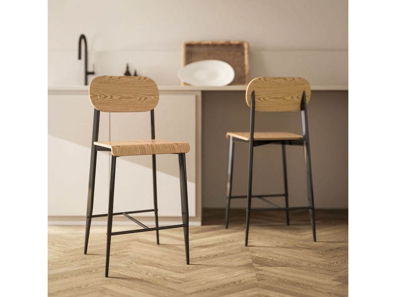  Tabouret de bar 2 pièces avec repose-pieds et patins réglables, style industriel, en acier, bois naturel  - Conforama B